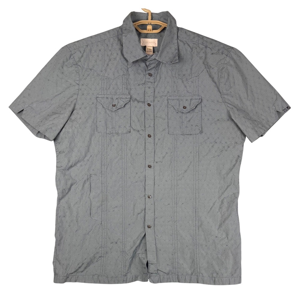 Diesel Mens‎ XXL Grey Blue Short Sleeve Cotton Button Down Shirt